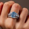 Oval Blue and White Sapphire 3-Piece Wedding Ring Set in Rhodium-Plated Sterling Silver