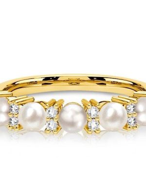 Pearl Half Eternity Band Ring in 925 Sterling Silver with 0.15 CT. TW. Accent Stones