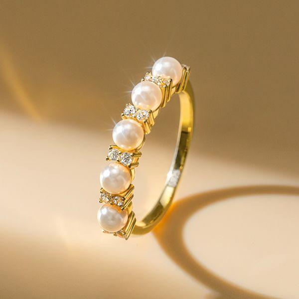 Pearl Half Eternity Band Ring in 925 Sterling Silver with 0.15 CT. TW. Accent Stones