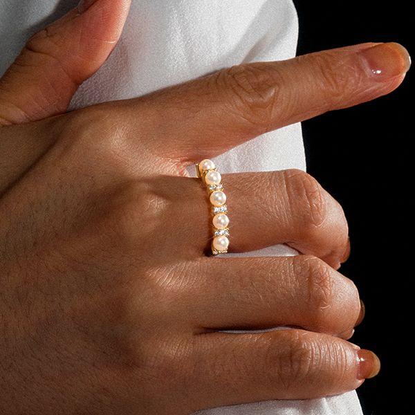 Pearl Half Eternity Band Ring in 925 Sterling Silver with 0.15 CT. TW. Accent Stones