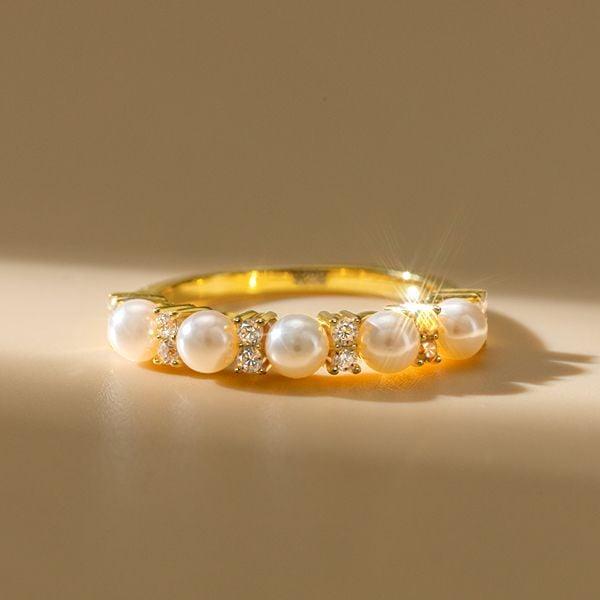 Pearl Half Eternity Band Ring in 925 Sterling Silver with 0.15 CT. TW. Accent Stones