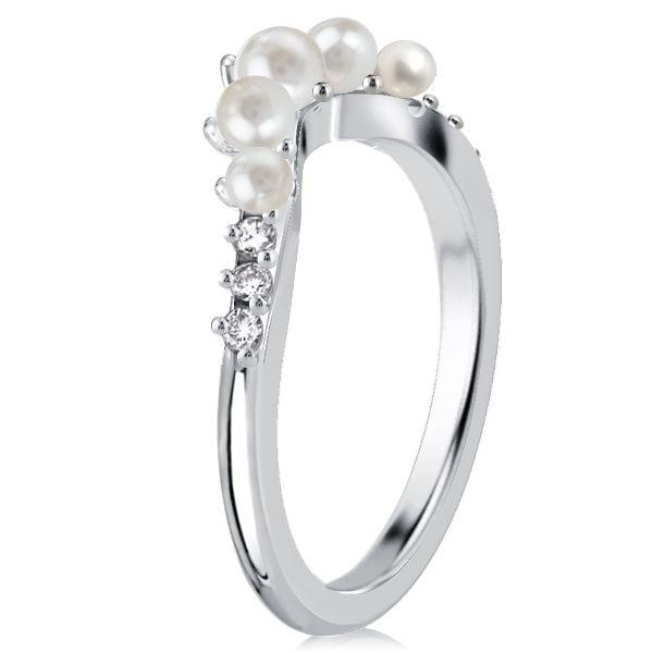 Pearl Half Eternity Wedding Band in 925 Sterling Silver with Rhodium Finish