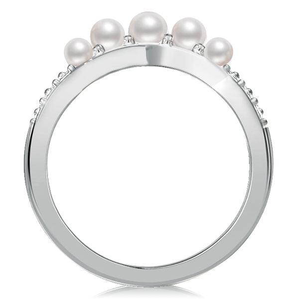 Pearl Half Eternity Wedding Band in 925 Sterling Silver with Rhodium Finish
