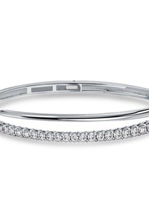 Sterling Silver Open Bangle Bracelet with Round White Sapphire Stones for Women