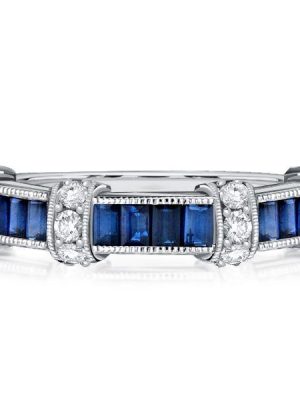 Baguette Cut Blue Sapphire Vintage Wedding Band in Sterling Silver