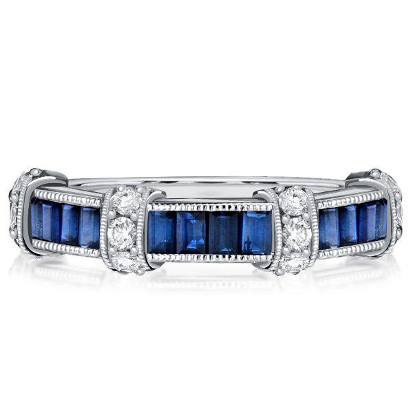 Baguette Cut Blue Sapphire Vintage Wedding Band in Sterling Silver
