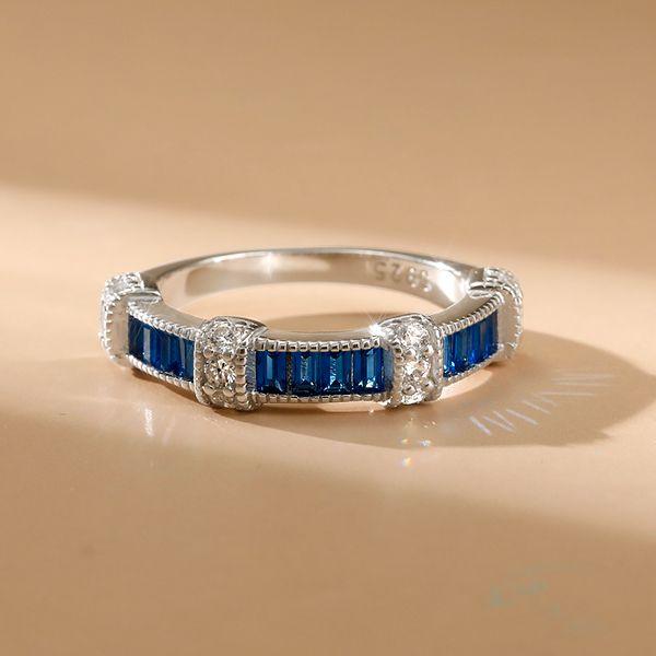 Baguette Cut Blue Sapphire Vintage Wedding Band in Sterling Silver
