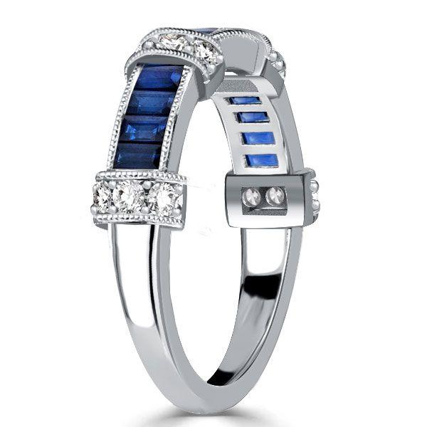 Baguette Cut Blue Sapphire Vintage Wedding Band in Sterling Silver