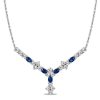 Sterling Silver Blue Sapphire Floral Pendant Necklace for Women, Oval & Round Cut