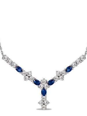 Sterling Silver Blue Sapphire Floral Pendant Necklace for Women, Oval & Round Cut