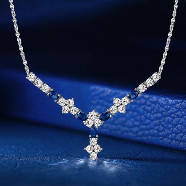 Sterling Silver Blue Sapphire Floral Pendant Necklace for Women, Oval & Round Cut
