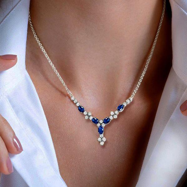 Sterling Silver Blue Sapphire Floral Pendant Necklace for Women, Oval & Round Cut