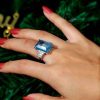 Emerald Cut Blue Emerald Engagement Ring - Sterling Silver Three Stone Ring