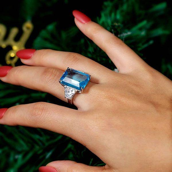 Emerald Cut Blue Emerald Engagement Ring - Sterling Silver Three Stone Ring