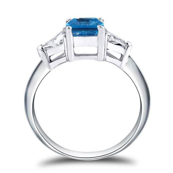 Emerald Cut Blue Emerald Engagement Ring - Sterling Silver Three Stone Ring