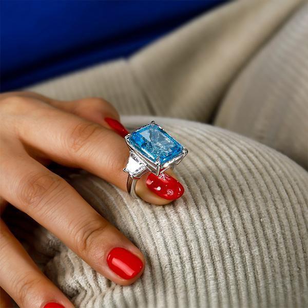 Emerald Cut Blue Emerald Engagement Ring - Sterling Silver Three Stone Ring