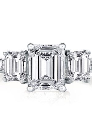 Emerald Cut Sterling Silver Engagement Ring - Three Stone Half Eternity