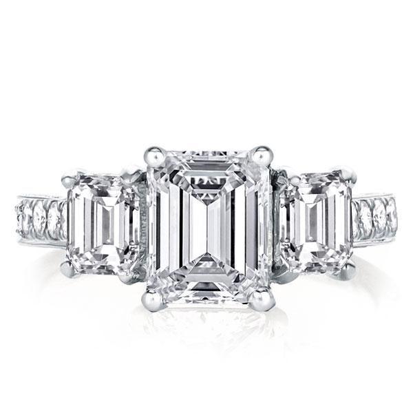 Emerald Cut Sterling Silver Engagement Ring - Three Stone Half Eternity