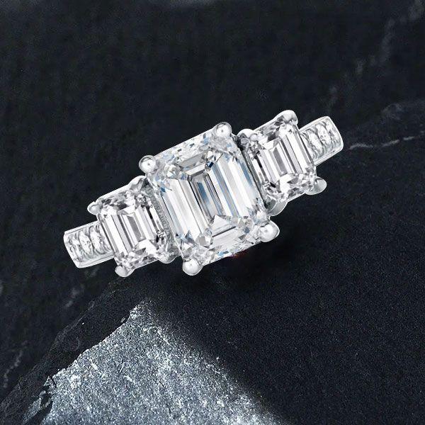 Emerald Cut Sterling Silver Engagement Ring - Three Stone Half Eternity