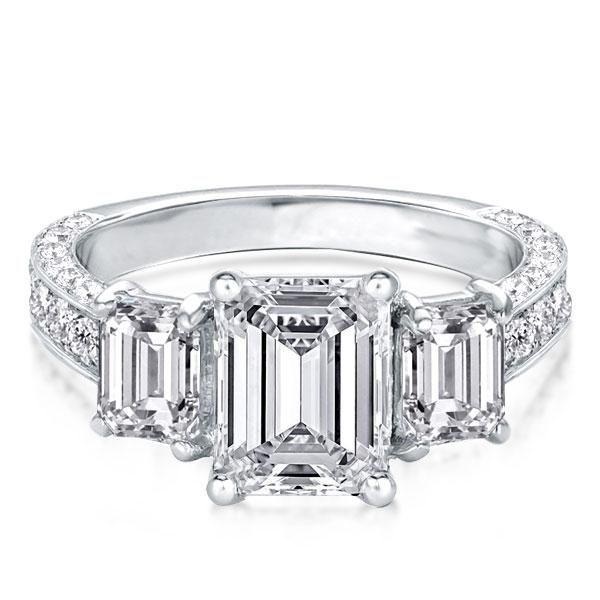 Emerald Cut Sterling Silver Engagement Ring - Three Stone Half Eternity