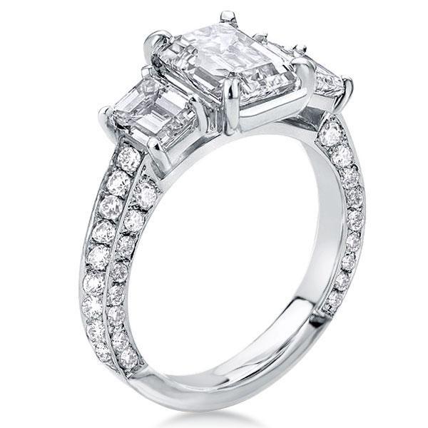 Emerald Cut Sterling Silver Engagement Ring - Three Stone Half Eternity