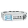 Vintage Emerald Cut Aquamarine Wedding Band in Sterling Silver with Rhodium Plating