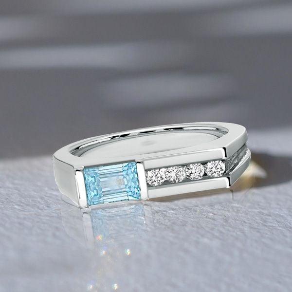 Vintage Emerald Cut Aquamarine Wedding Band in Sterling Silver with Rhodium Plating