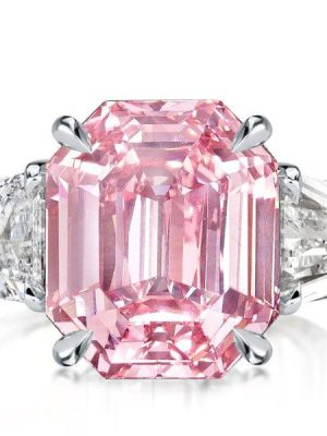 Emerald Cut Pink Stone Three Stone Engagement Ring in Sterling Silver