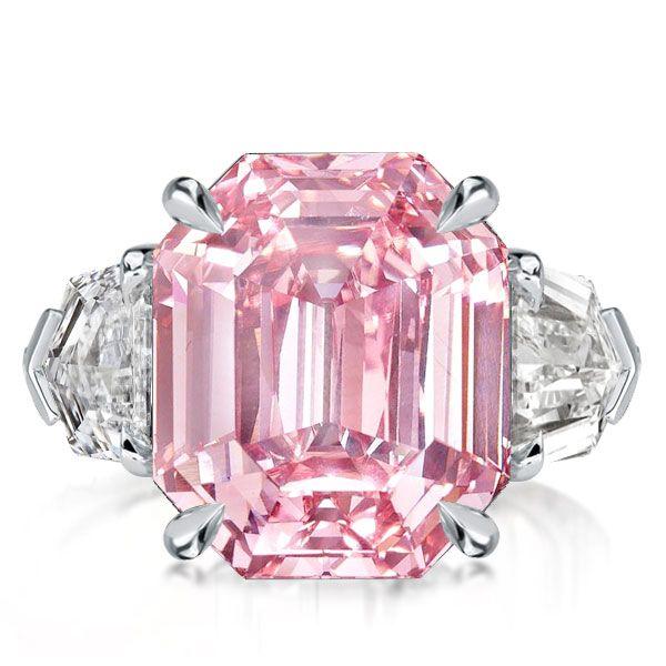 Emerald Cut Pink Stone Three Stone Engagement Ring in Sterling Silver