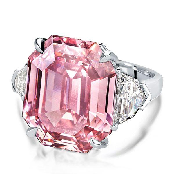 Emerald Cut Pink Stone Three Stone Engagement Ring in Sterling Silver