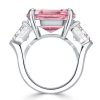 Emerald Cut Pink Stone Three Stone Engagement Ring in Sterling Silver