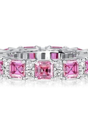 Asscher Cut Pink Stone Eternity Ring for Women in 925 Sterling Silver