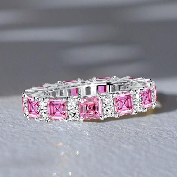 Asscher Cut Pink Stone Eternity Ring for Women in 925 Sterling Silver