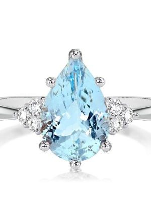 Pear Cut Aquamarine Engagement Ring in Rhodium Plated Sterling Silver
