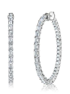 White Sapphire Hoop Earrings - Sterling Silver Baguette & Round Cut