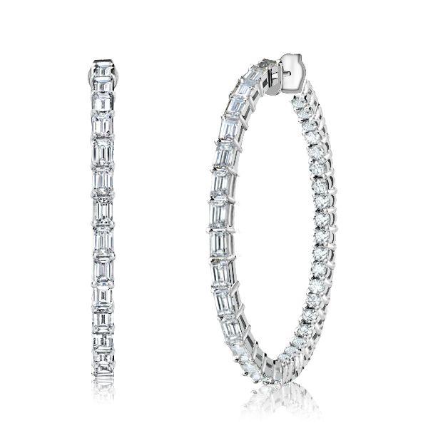 White Sapphire Hoop Earrings - Sterling Silver Baguette & Round Cut
