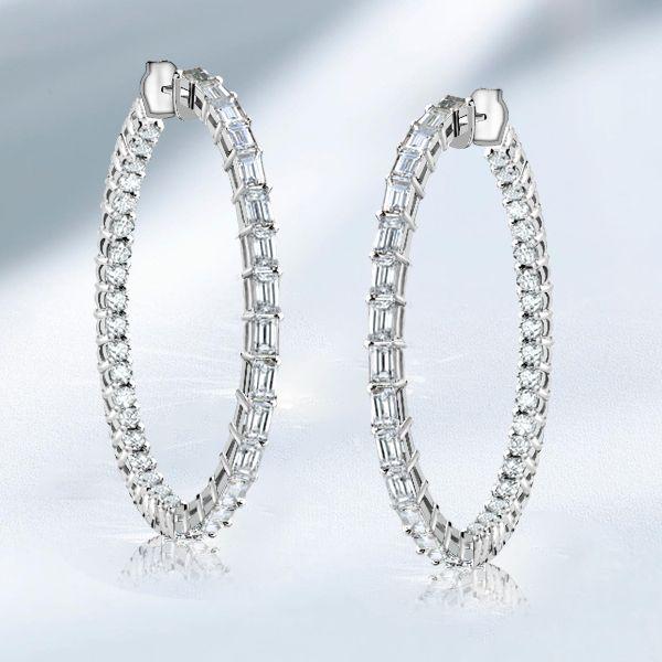 White Sapphire Hoop Earrings - Sterling Silver Baguette & Round Cut