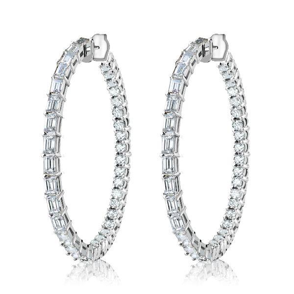 White Sapphire Hoop Earrings - Sterling Silver Baguette & Round Cut