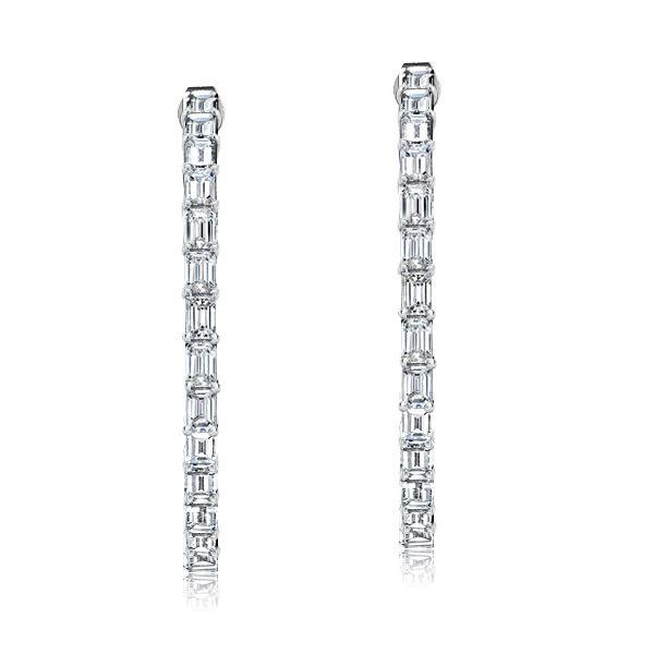 White Sapphire Hoop Earrings - Sterling Silver Baguette & Round Cut