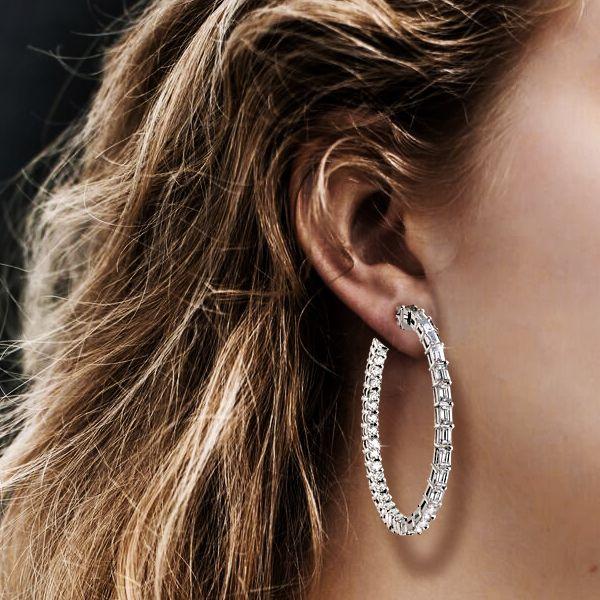 White Sapphire Hoop Earrings - Sterling Silver Baguette & Round Cut