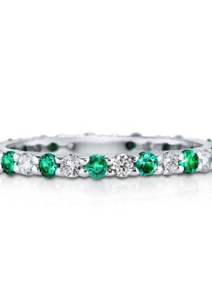 Alternating White and Green Stone Wedding Band in Rhodium Plated Sterling Silver