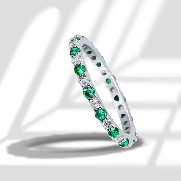 Alternating White and Green Stone Wedding Band in Rhodium Plated Sterling Silver