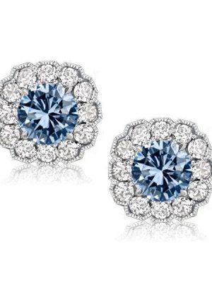 Blue Topaz Halo Stud Earrings - 925 Sterling Silver
