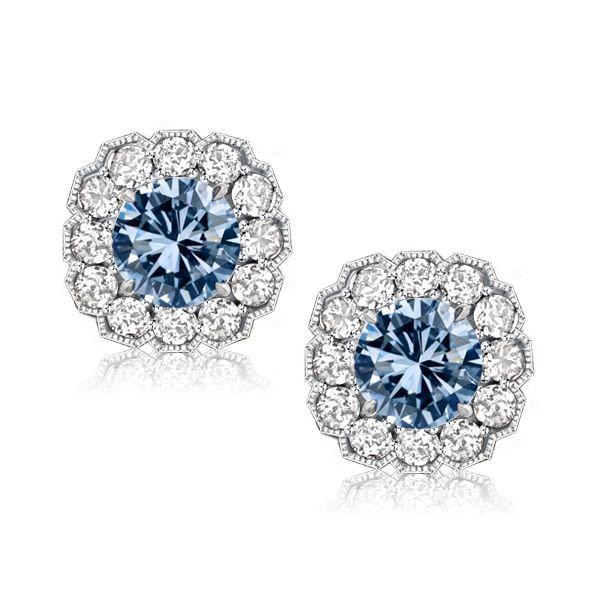 Blue Topaz Halo Stud Earrings - 925 Sterling Silver