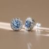 Blue Topaz Halo Stud Earrings - 925 Sterling Silver
