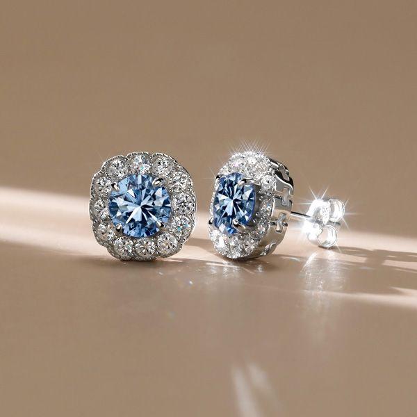 Blue Topaz Halo Stud Earrings - 925 Sterling Silver