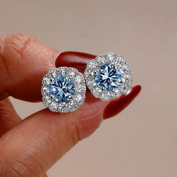 Blue Topaz Halo Stud Earrings - 925 Sterling Silver