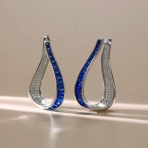 Teardrop Hoop Earrings with White Sapphire in Rhodium-Plated 925 Sterling Silver