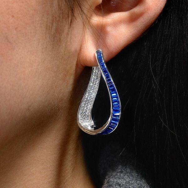 Teardrop Hoop Earrings with White Sapphire in Rhodium-Plated 925 Sterling Silver