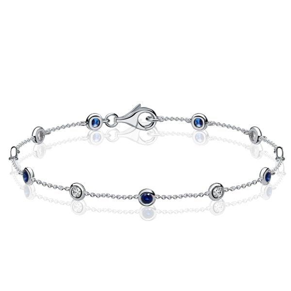 Bezel-Set White and Blue Sapphire Tennis Bracelet in Rhodium-Plated Sterling Silver
